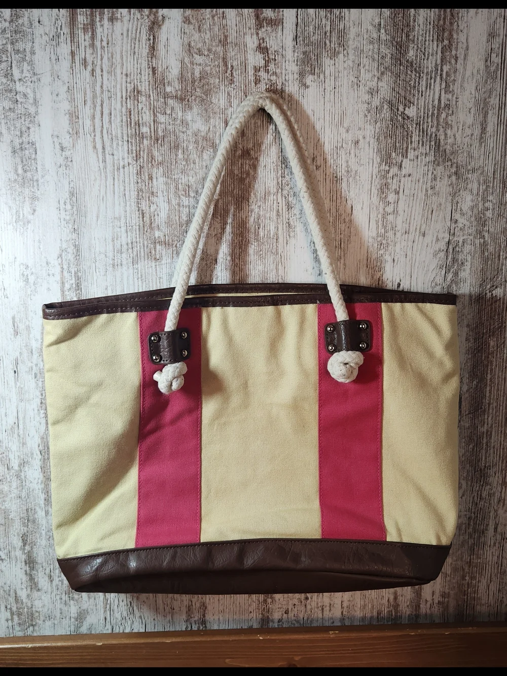 Straw Studios Cream Canvas Tote with Pink Stripes Rope Handles Nautical Vibes
